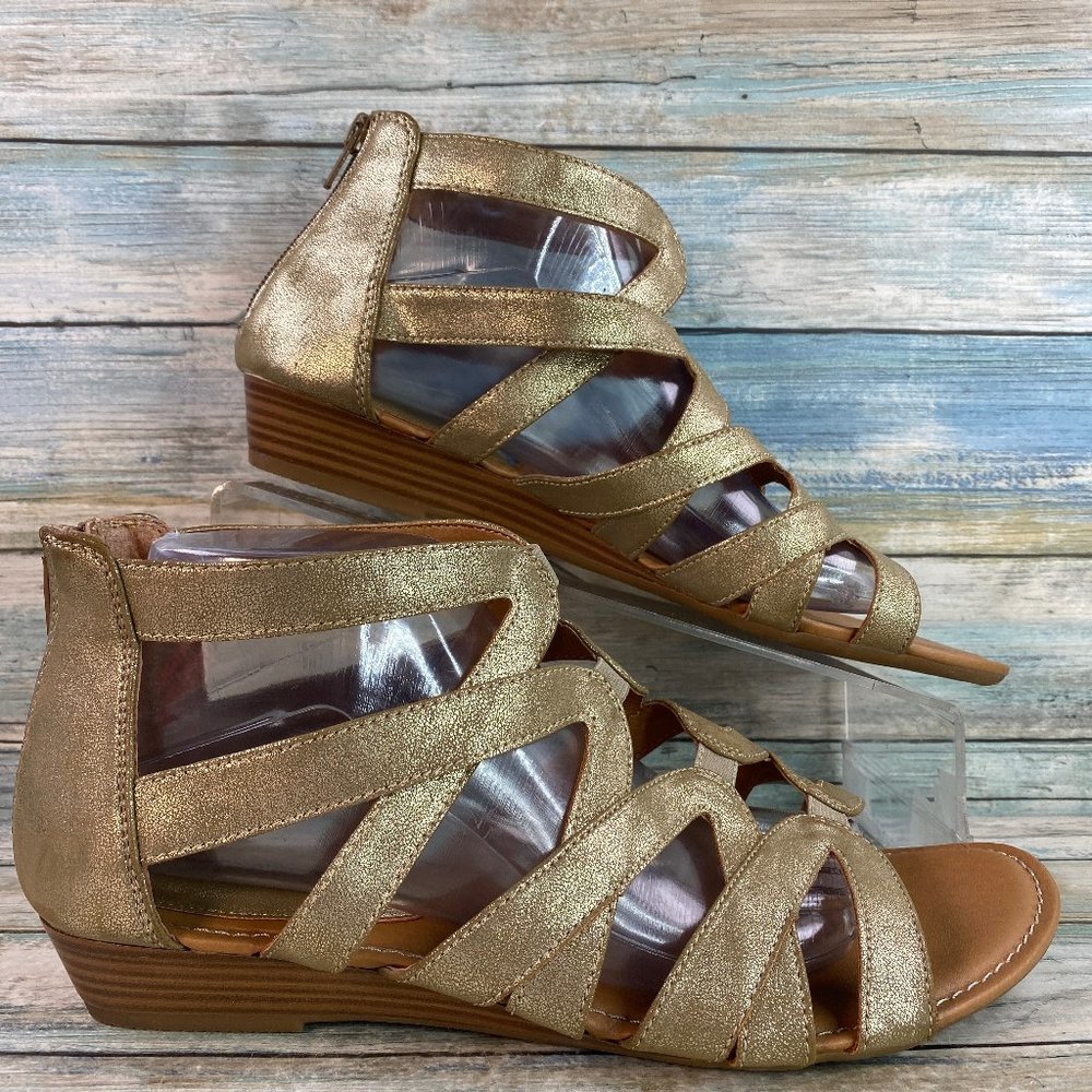 Cloudwalkers Gina Gold Faux Leather Low Wedge Heel Gladiator Sandals